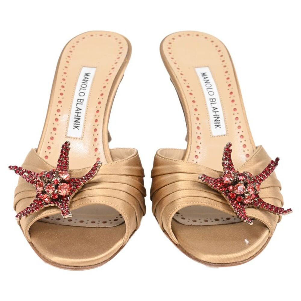 Manolo Blahnik Embellished Slide Sandal Heels in Brown Satin - Picture 2 of 9